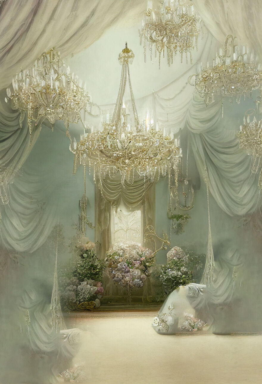 Dream world scene with elegant chandeliers and soft draped fabrics featuring beautiful floral arrangements and delicate lighting.