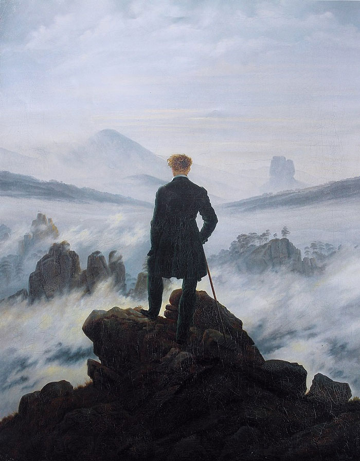 Man standing on rocky peak above foggy mountains in famous painting, illustrating curious facts in art classes.