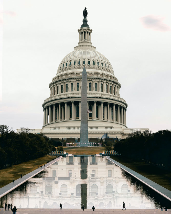 Capitol dome with Washington Monument reflected in pool, showcasing artistic architecture and design details.