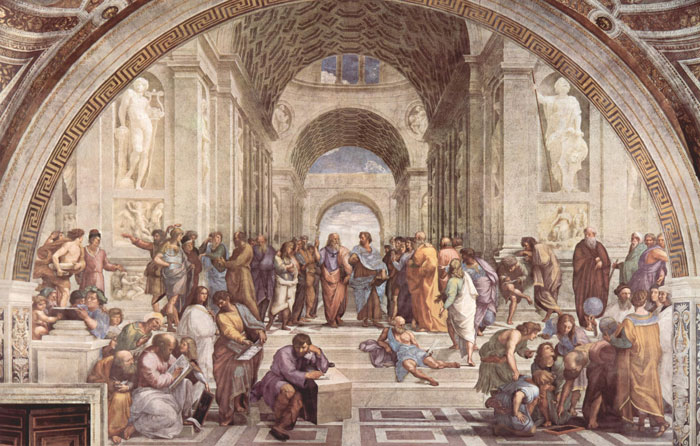 The School of Athens fresco by Raphael illustrating curious facts about art and philosophy in classic Renaissance style.