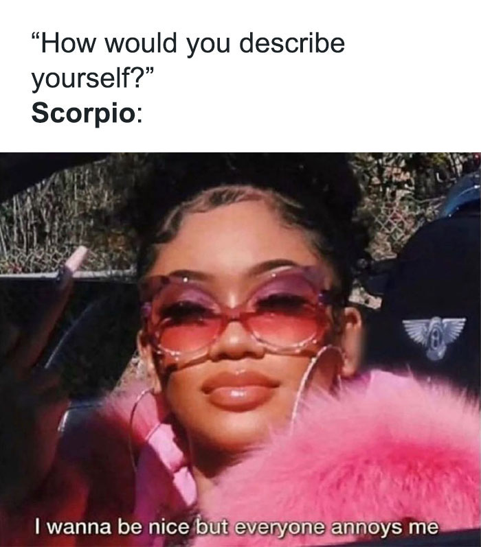 Scorpio describing themselves wanting to be nice but everyone annoys them meme