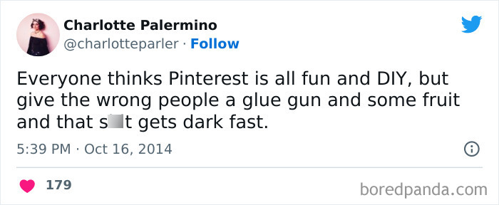Tweet from a woman humorously warning about Pinterest DIY failures, part of funniest tweets from women series.