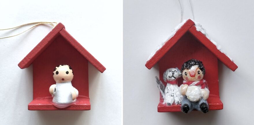 Red House And A Boy With His Dog