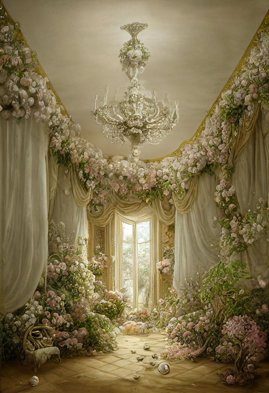 Luxurious room filled with flowers and draped curtains under an ornate chandelier, showcasing beautiful AI dream world imagery.