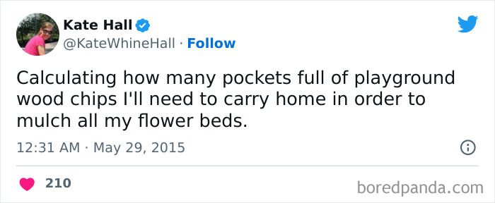 Tweet from woman humorously calculating playground wood chips needed to mulch flower beds, showcasing funniest tweets from women.