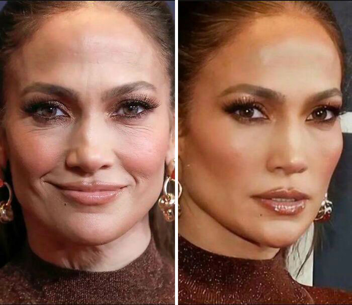 Side-by-side close-ups of a woman’s face showing natural features versus heavily edited Instagram reality photo.