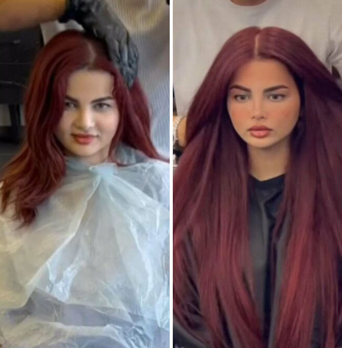 Woman with medium red hair transformed with long, edited hair enhancement, illustrating Instagram reality and fake pics online.