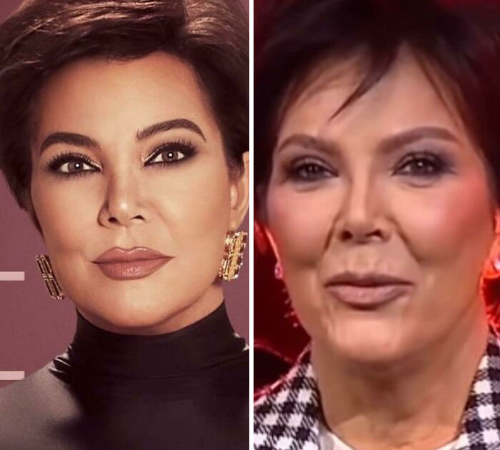 Side-by-side comparison of a woman’s heavily edited photo and her natural appearance, showcasing Instagram reality.