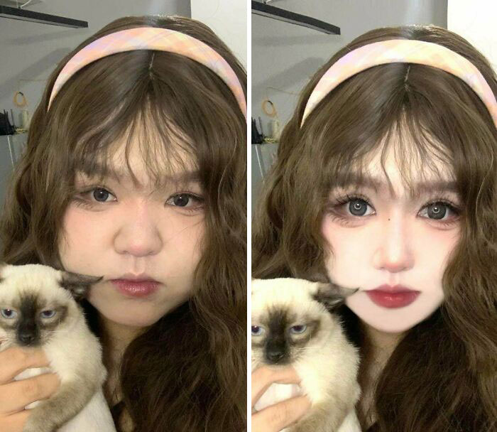 Side-by-side comparison of a woman holding a cat, showing natural face versus heavily edited Instagram reality photo.
