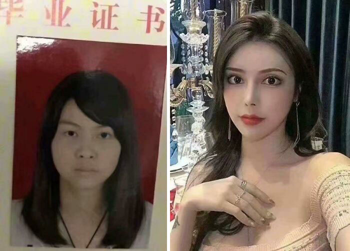 Side-by-side images showing a plain ID photo contrasted with a heavily edited and glamorous Instagram reality photo.