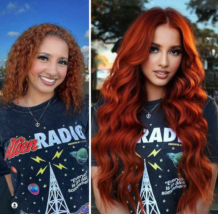Before and after comparison showing Instagram reality with a woman’s natural hair versus digitally enhanced long, wavy hair.