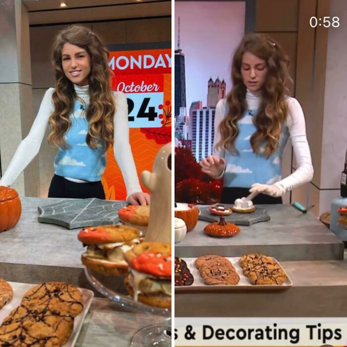 Young woman wearing a cloud-patterned sweater vest preparing Halloween-themed baked goods on a kitchen set.