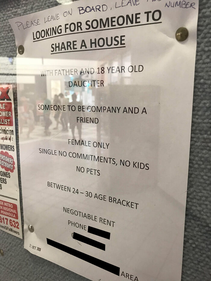 Housing share ad demanding female only tenant, highlighting annoyingly restrictive parent rules and preferences.