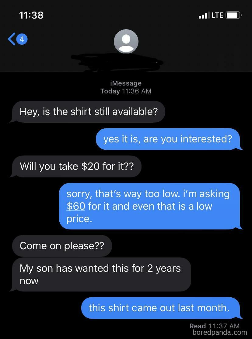 Text message conversation showing annoying parents negotiating price, highlighting frustrating behavior of annoying parents in casual chat.