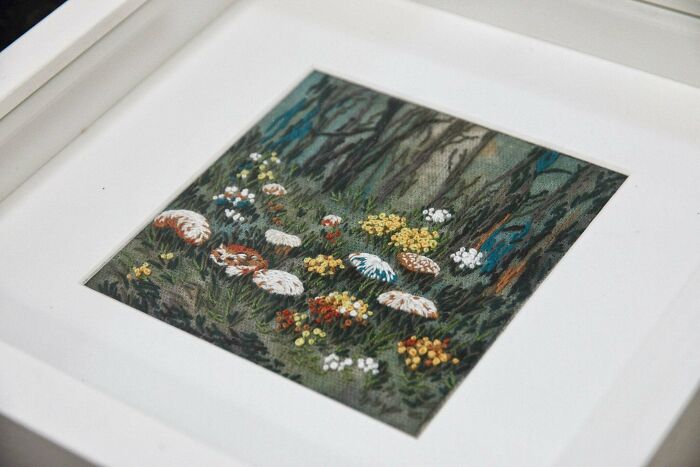 My Wife Just Finished This Woodland Scene With The Cutest Little Sleeping Fox Hidden Away In It. It's Her First Mix Of Embroidery And Acrylic On Linen. I Think It's Stunning, But I Might Be Just A Little Biased!