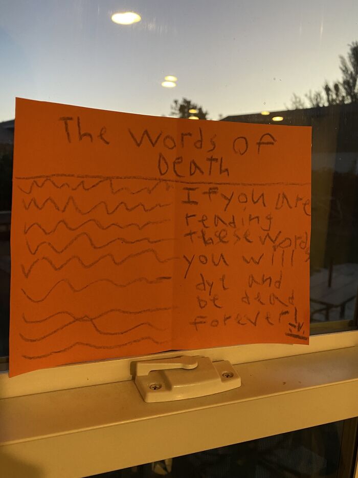 Child's handwritten Halloween note titled The Words of Death, humorously illustrating kids making parents laugh during Halloween exhaustion.