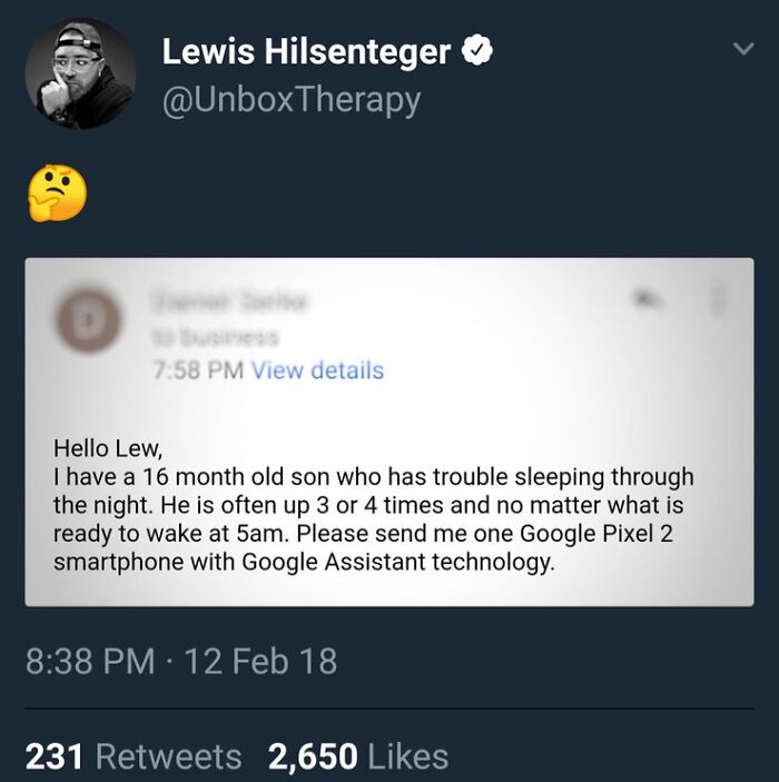 Screenshot of a tweet showing a parent asking for a smartphone to help with their child's sleep troubles, highlighting annoying parents.