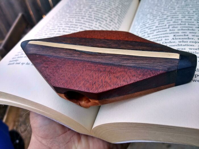 Made A Wood Thumb-Thing For My Girlfriend To Hold Open Books One-Handed. Made From Black Walnut, Oak, Cherry, And Ebony, With A Brass Inlay