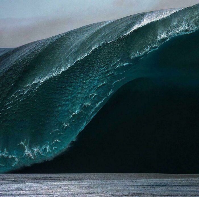 Massive dark ocean wave curling over the water, evoking frightening pics that make us wary of the ocean.