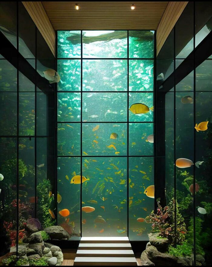 Underwater ocean view through large glass panels with colorful fish and aquatic plants inside a modern aquarium room.