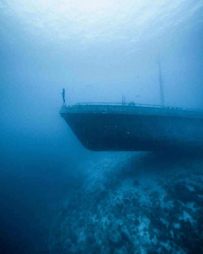 Sunken shipwreck underwater enveloped in eerie blue ocean depths, evoking frightening ocean fears and mystery.