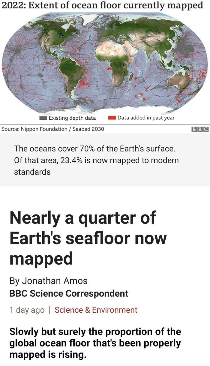 World map showing extent of ocean floor mapped with existing and new depth data in the past year for ocean mapping progress.
