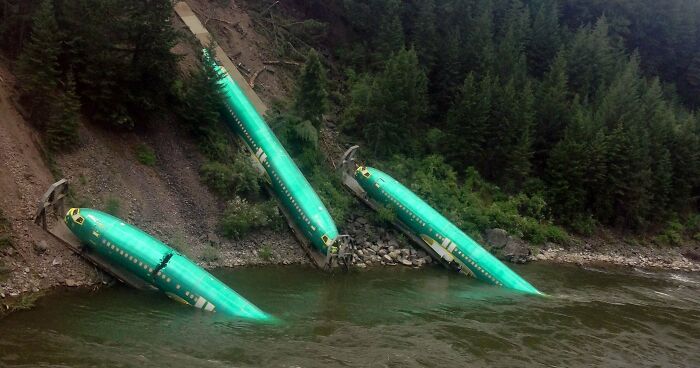 Brand New Boeing 737 Fusalges Partially Submerged, Following A Train Derailment