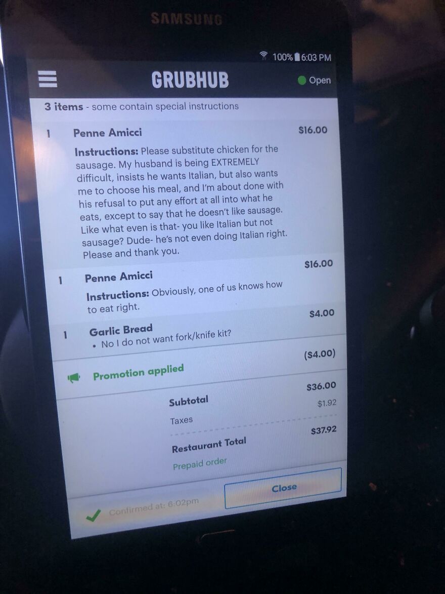 This Lady’s Grub Hub Order Made My Night!! This Lady’s Grub Hub Order Made My Night!!