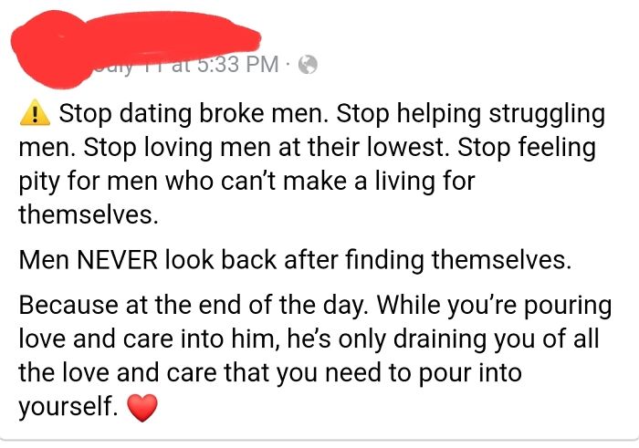 "Stop Helping Men That Are Struggling" Yikes
