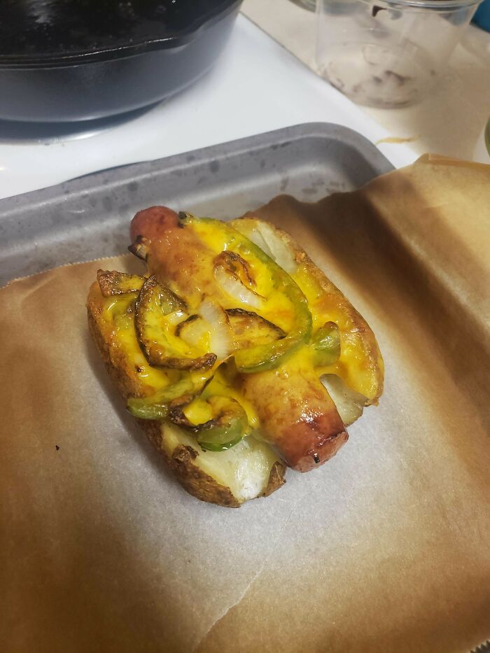 Got High And Made Myself A Brat With A Baked Potato Bun