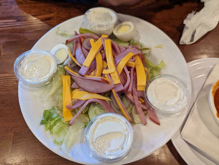 A Cobb Salad, Apparently. We Asked Why It Looked Like This And The Server Looked At Us Like We Had 2 Heads Before Saying, "What, Have You Never Eaten Here Before?"
