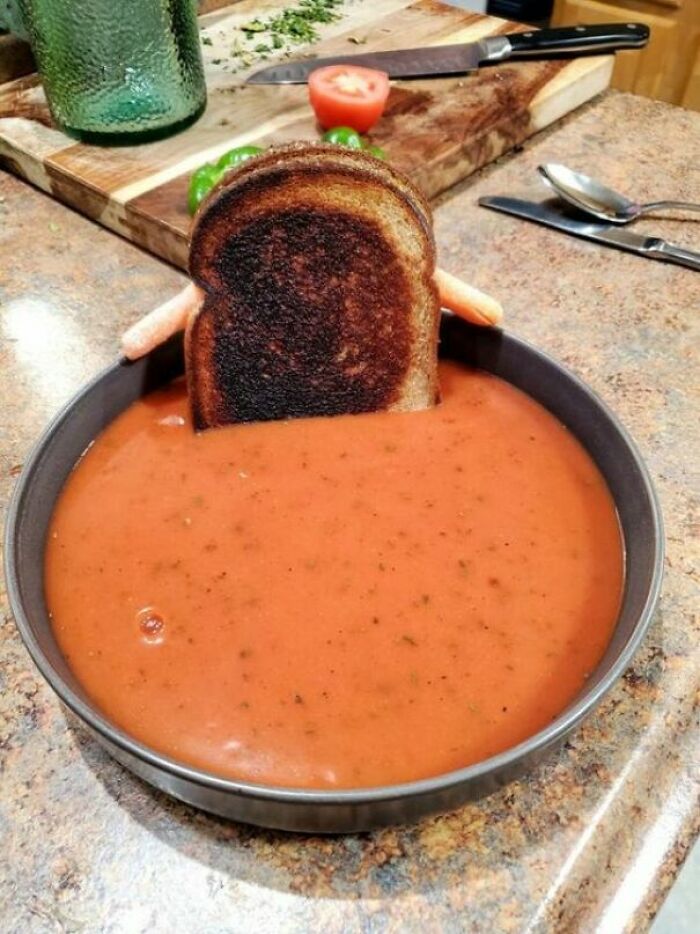 We Ran Out Of Regular Bowls And Plates, And This Was The Only Way To Set Up The Grilled Cheese. He Reminded Me Of A Hot Tub So I Added Arms