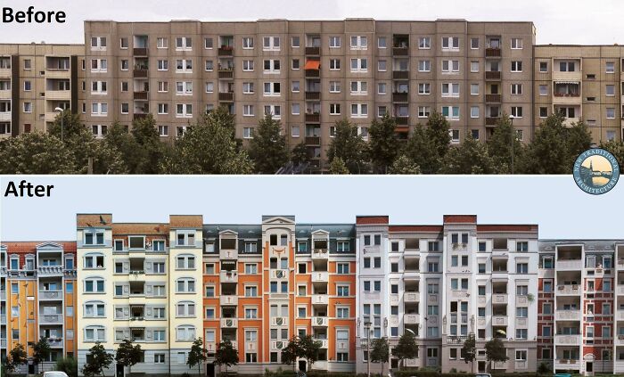 Before and after renovation of a facade showing architects’ creativity in transforming urban apartment buildings.