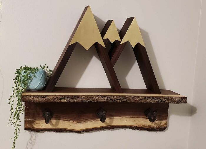 My Girlfriend Moved From Alberta And Missed The Mountains, So For Christmas I Made Her A Walnut Shelf/Coat Rack To Bring The Mountains To Her