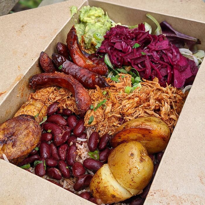 Colombian Platter With Pulled Chicken, Chorizo, Fried Plantain, Garlic Rice, Red Beans, Potatoes And Guacamole