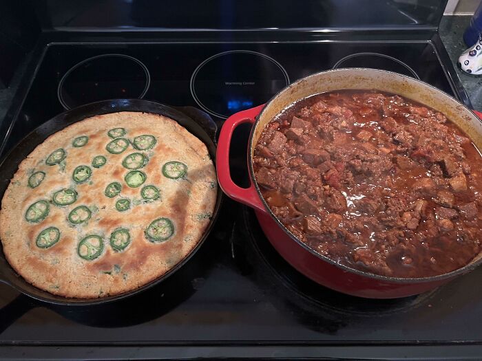 Homemade Texas Style Brisket Chili And Cheesy Jalapeño Cornbread
