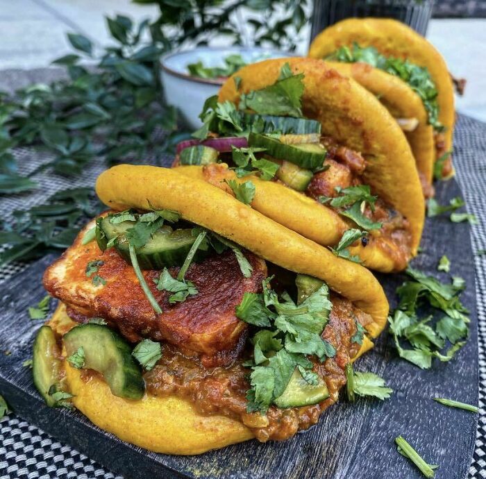 Homemade Golden Paneer Baos With Butter Sauce