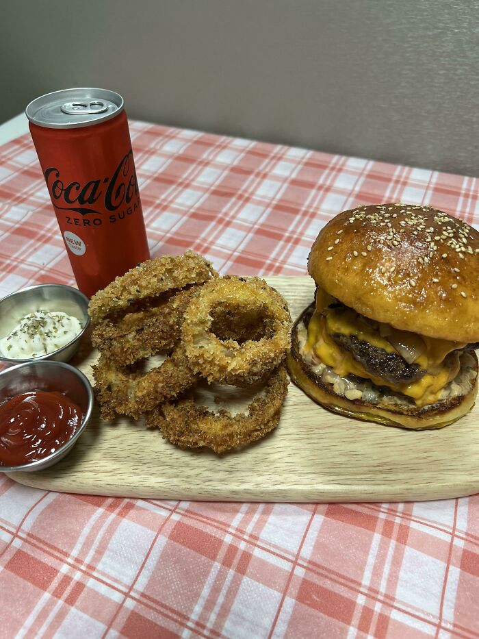 Homemade Double Cheeseburger And Onion Rings. Everything Made From Scratch