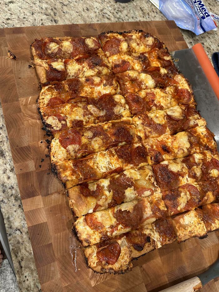 Son Got The Flu, So I Made Him His Favor: Homemade, From Scratch, Garlic Bread Focaccia Pizza With Extra Pepperoni And Parmesan Cheese.