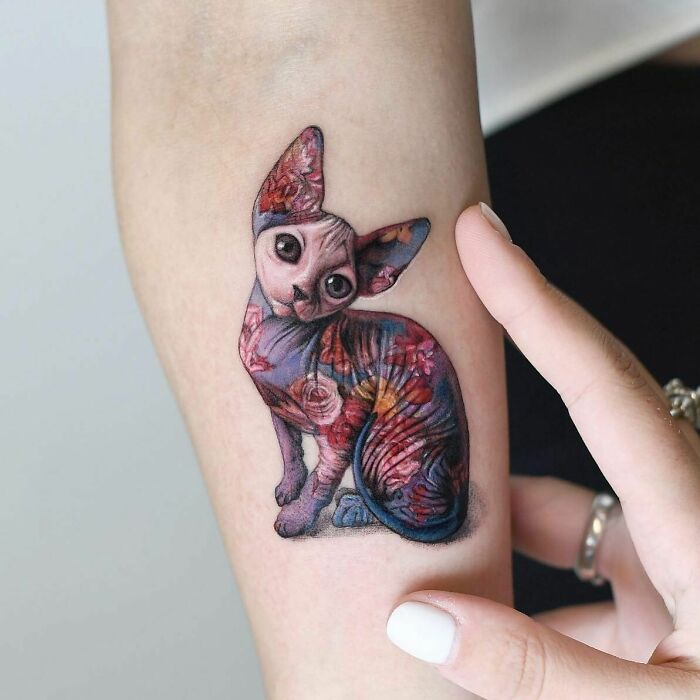 Colorful tattoo design of a Sphynx cat on forearm, adorned with floral patterns.