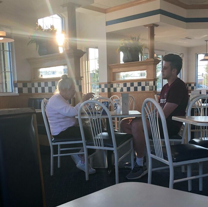 Young Man Comes In Alone, Sees The Older Lady Eating By Herself, Asks To Join Her. Instant Friends. This Is What Is Right In The World