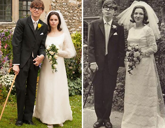 Side-by-side comparison of well-known people of world history in real life and their movie portrayals at a wedding.