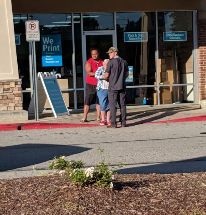 This Lady Fell And These Gentleman Came To Help Her Up Until Her Friend Could Come And Pick Her Up