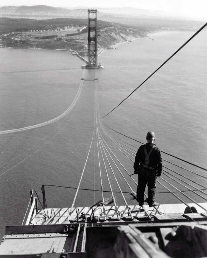 A Man Standing On The First Cables During The Construction Of The Golden Gate Bridge, 1935
