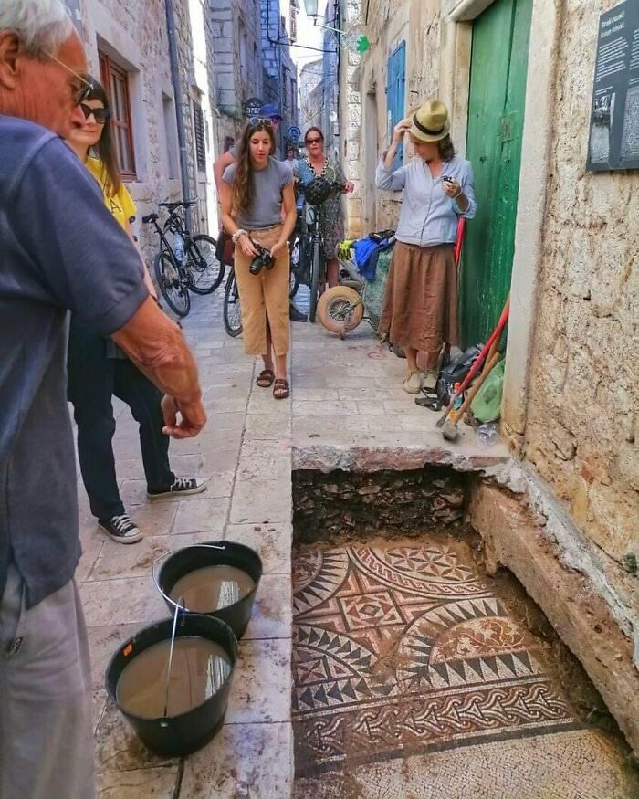Roman Mosaic Uncovered In The Streets Of Stari Grad, On The Island Of Hvar In Croatia