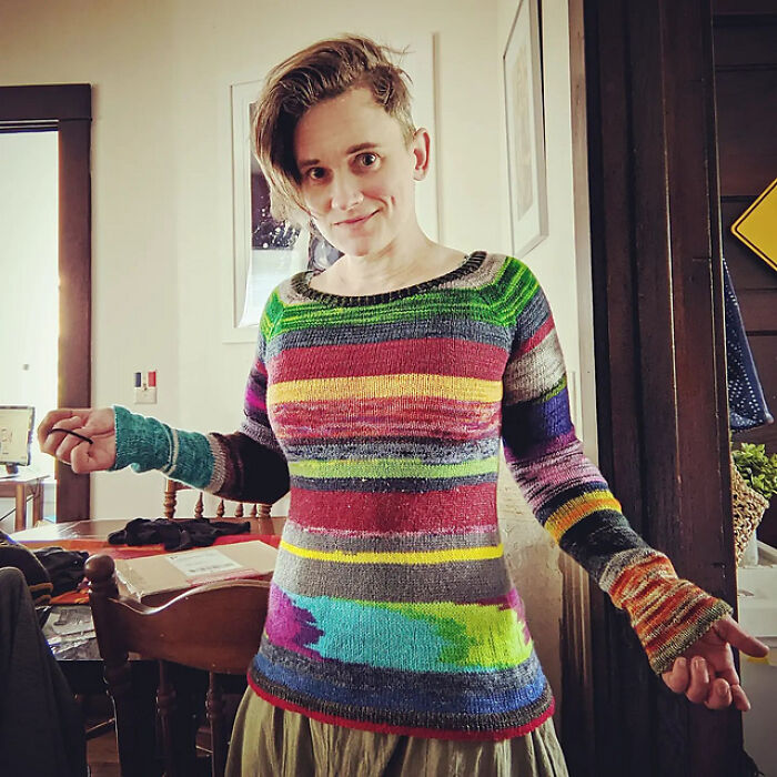 Me 10 Years Ago: "Waste Yarn? Who Has Waste Yarn?" Me Today: Knits An Entire Sweater Out Of Sock Yarn Leftovers