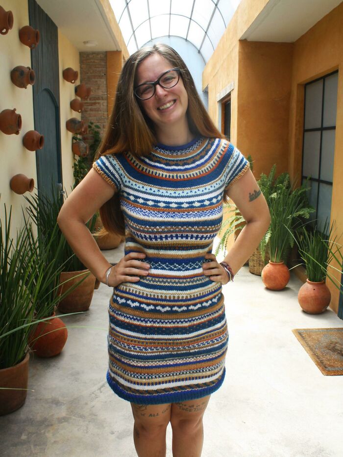 Finally Finished My Knit Dress! I Don't Know What Possessed Me To Do A Color Work Piece This Big But At Last The Ends Are Sewn In!