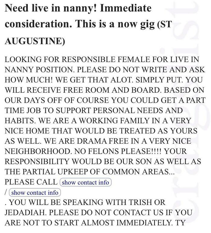 Live-In Nanny! No Pay