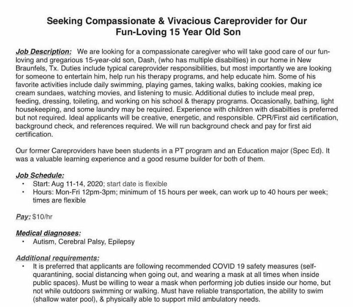 Experienced Nanny Needed For Special Needs 15-Year-Old Boy For 10$/Hour