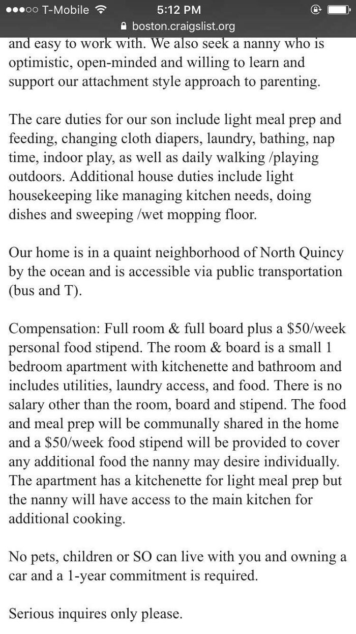 Need A Nanny. 50 Bucks A Week, Food And A Room. 1 Year Commitment